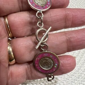 Mexico Aztec Calender Gold, Silver and Pink Opal Bracelet